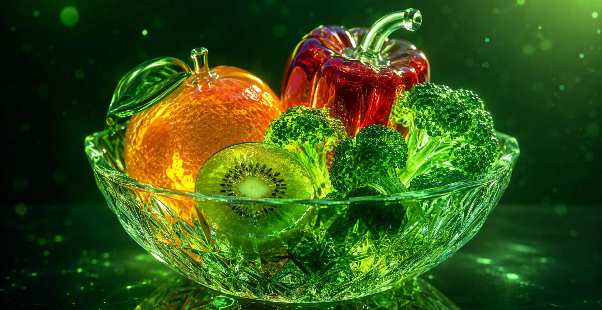 A crystal bowl with glowing glass fruit and vegetables: an orange, a kiwi, a pepper and broccoli