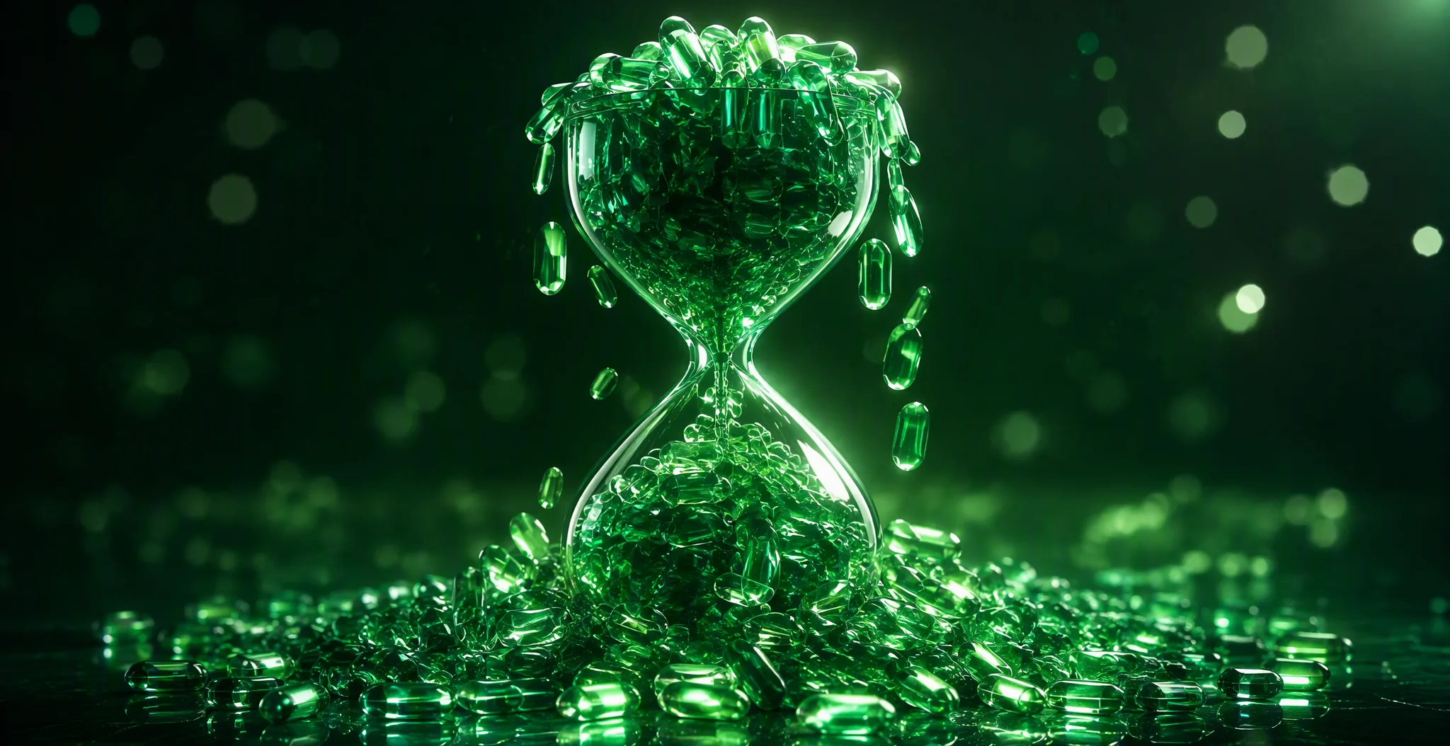 A glass hourglass overflowing with too many crystal tablets on a dark green background