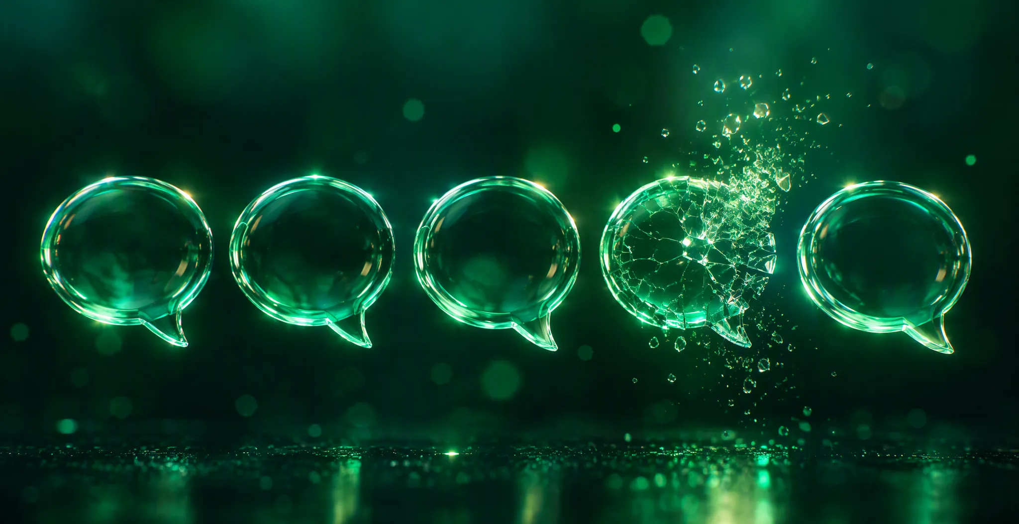 Five translucent glass speech bubbles, one cracked and dissolving into glowing shards