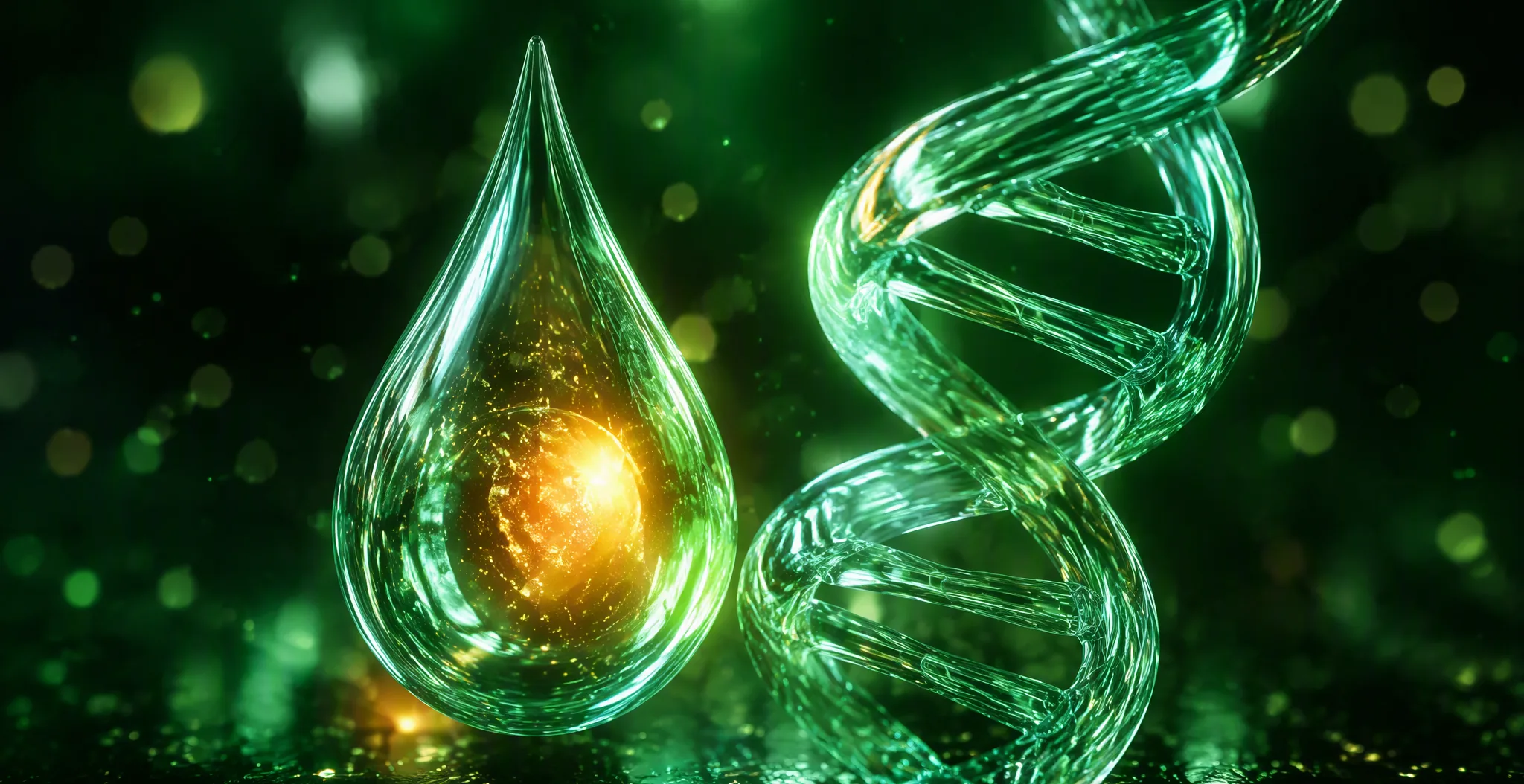 A glowing glass droplet with an amber core beside a glass collagen spiral on a dark green background